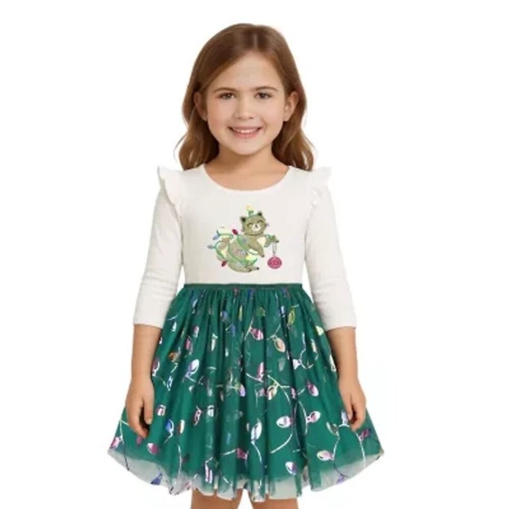NEW! Lilt Girls Christmas Long Sleeve Tutu Holiday Dress Cat Lightbulb Size 5